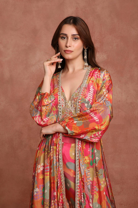Multicolor Printed Draped Jacket Set - FEATHERSHIP