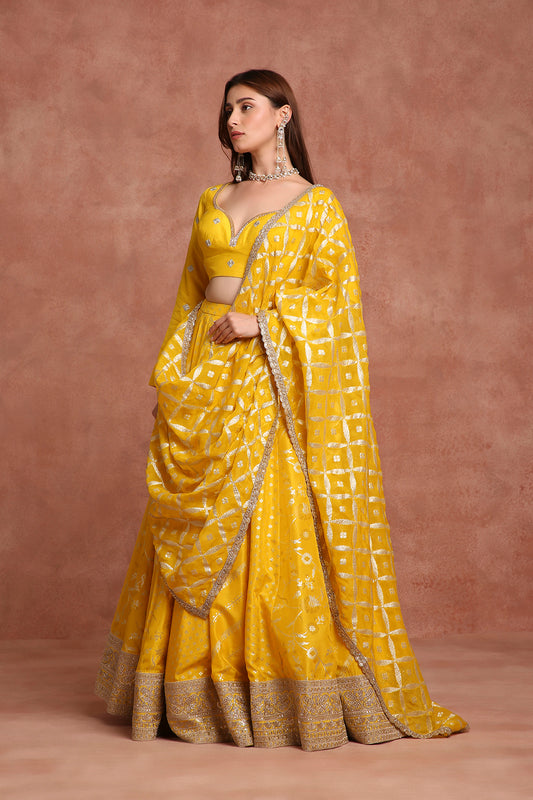 Radiant Mustard Yellow Haldi Lehenga Choli with Gota Patti & Mirror Work – Festive Day Wedding Outfit”