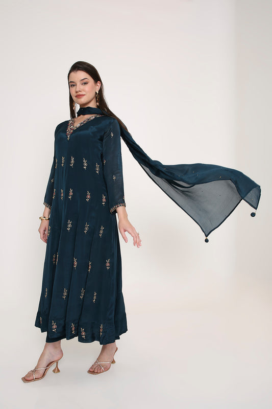 Blue Hand-Embroidered Anarkali Kurta with Trousers