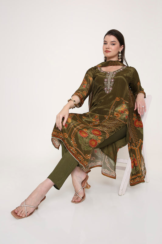 Feathership Olive Green Floral Printed & Embroidered Silk Blend Kurta Set