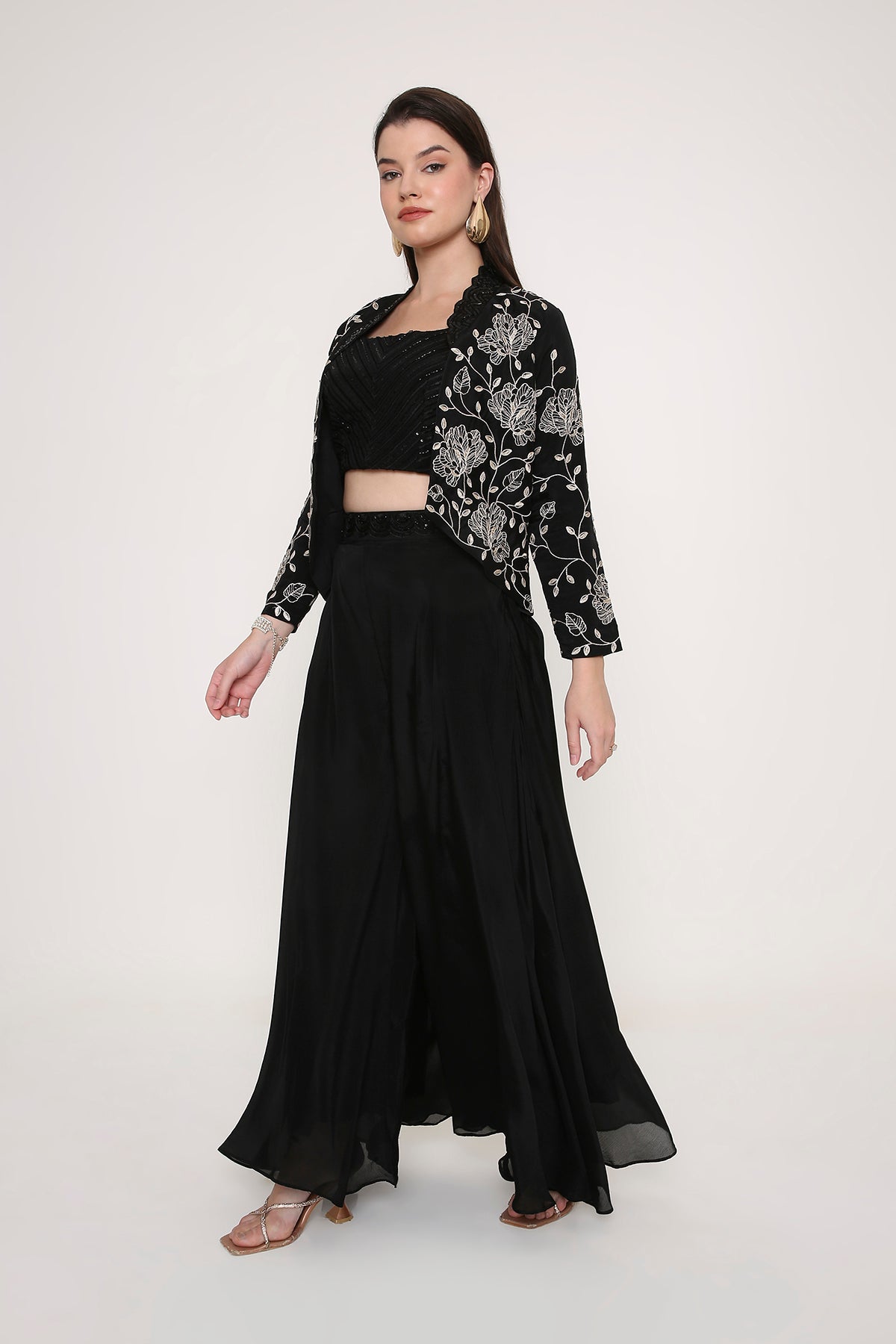 Black Indo-Western Co-ord Set - Embroidered Jacket with Sequin Crop Top & Palazzos