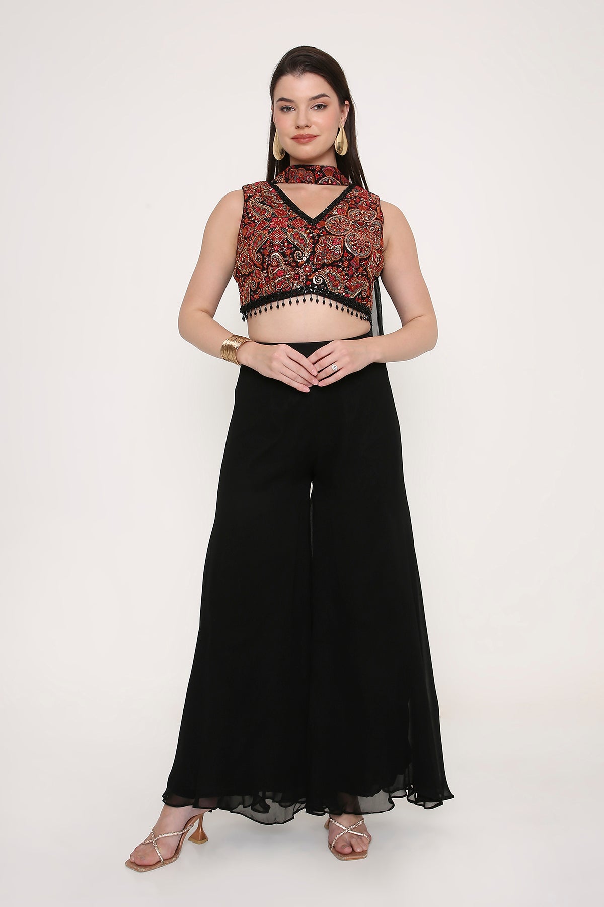 Indo-Western Printed Crop Top with Flared Palazzo Set