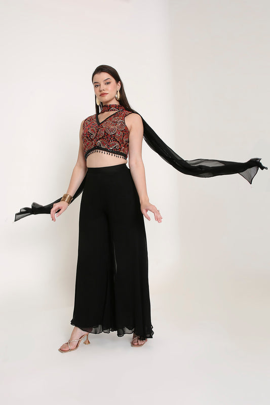 Indo-Western Printed Crop Top with Flared Palazzo Set