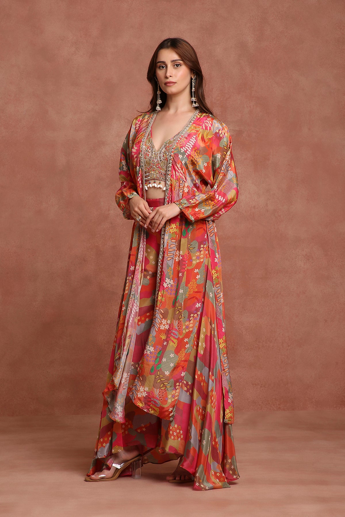 Multicolor Printed Draped Jacket Set for Mehendi, Destination Wedding & Festive Wear