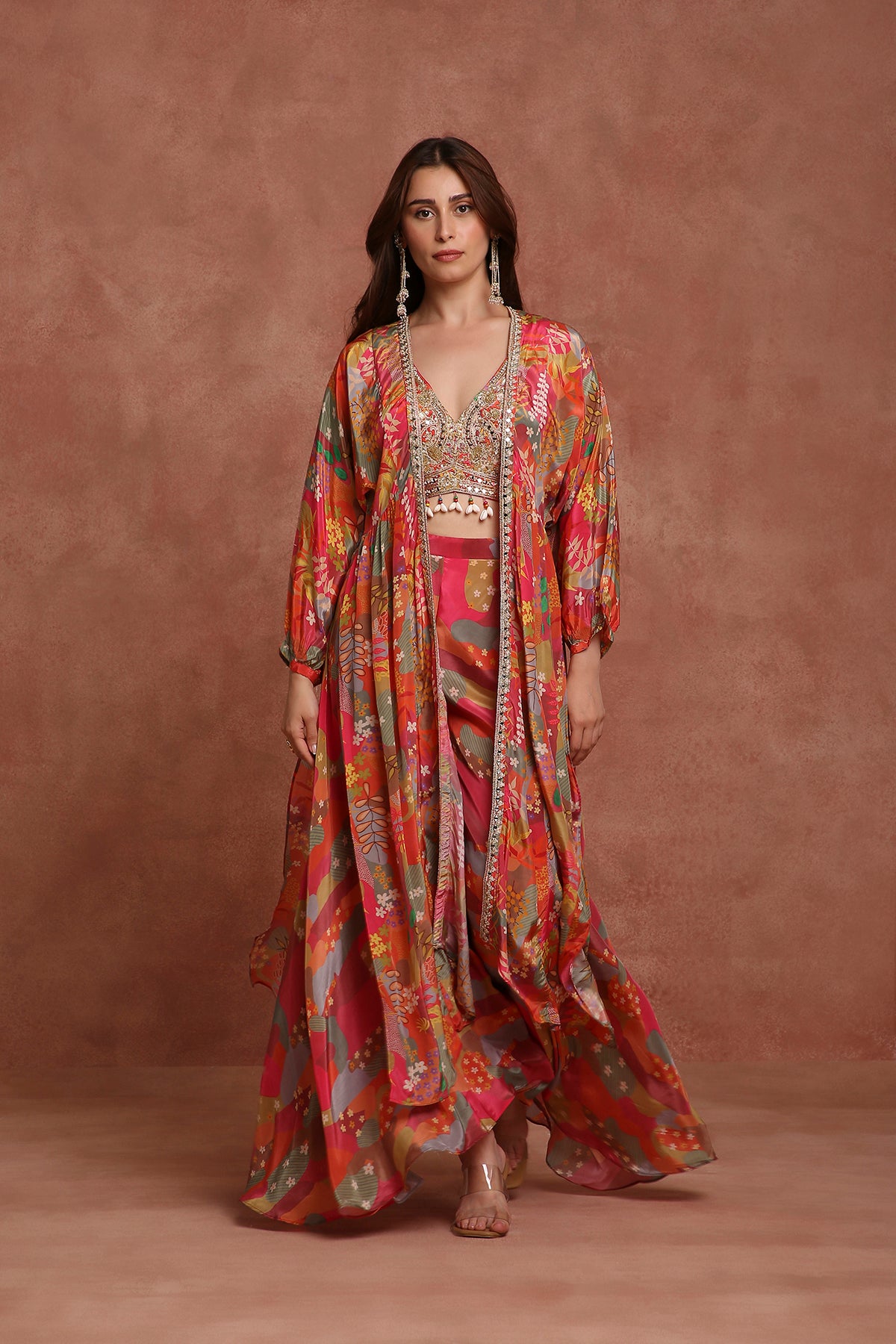 Multicolor Printed Draped Jacket Set for Mehendi, Destination Wedding & Festive Wear
