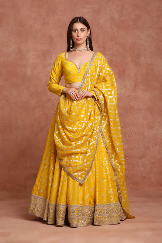 Radiant Mustard Yellow Haldi Lehenga Choli with Gota Patti & Mirror Work – Festive Day Wedding Outfit”
