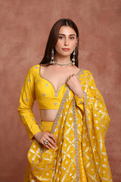 Radiant Mustard Yellow Haldi Lehenga Choli with Gota Patti & Mirror Work