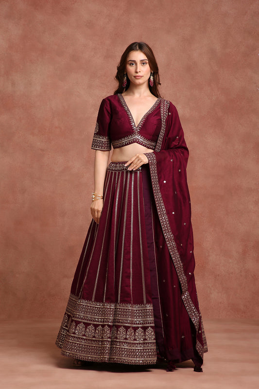 Wine Velvet Festive Lehenga Choli with Resham & Sequence Work – Special Occasion Wear