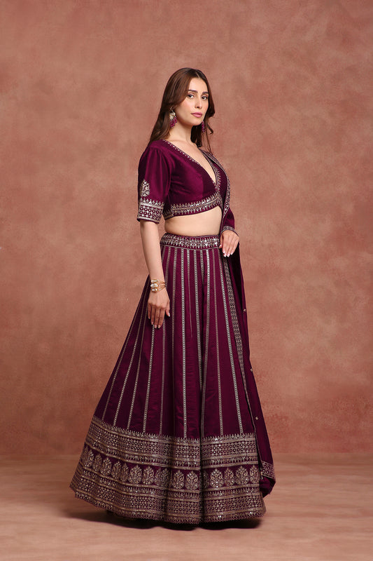 Wine Velvet Festive Lehenga Choli with Resham & Sequence Work – Special Occasion Wear