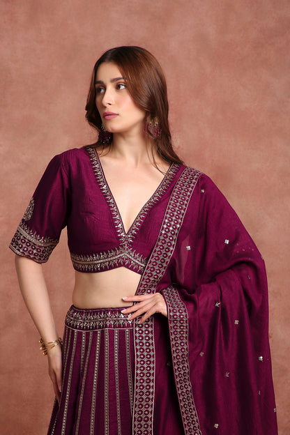 Wine Velvet Festive Lehenga Choli with Resham & Sequence Work – Special Occasion Wear
