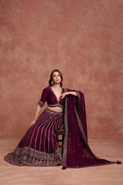 Wine Velvet Festive Lehenga Choli with Resham & Sequence Work – Special Occasion Wear