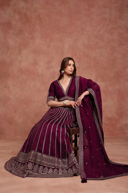 Wine Velvet Festive Lehenga Choli with Resham & Sequence Work – Special Occasion Wear