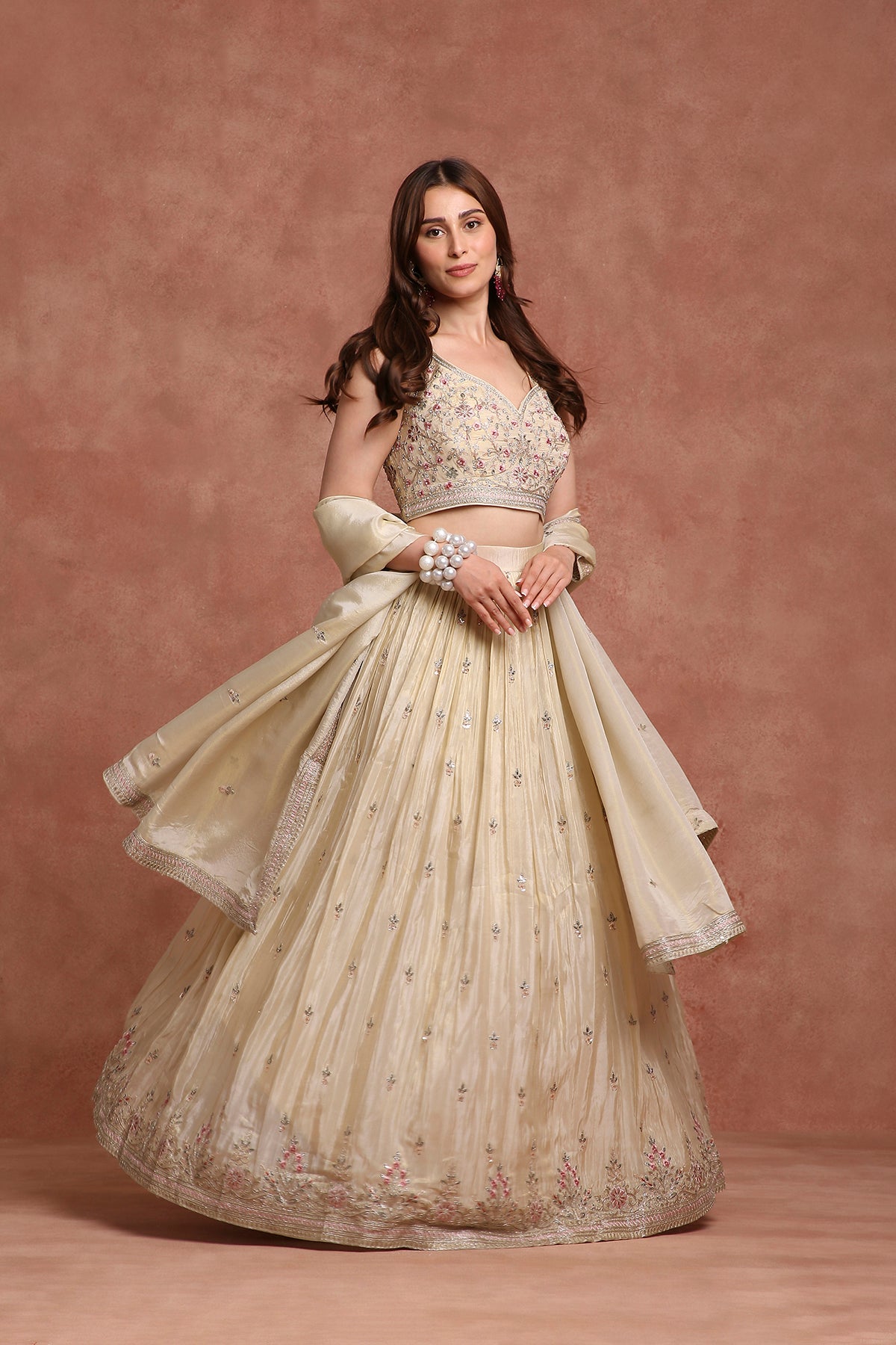 Ethereal Beige Embroidered Lehenga Set with Bralette Blouse & Longline Jacket