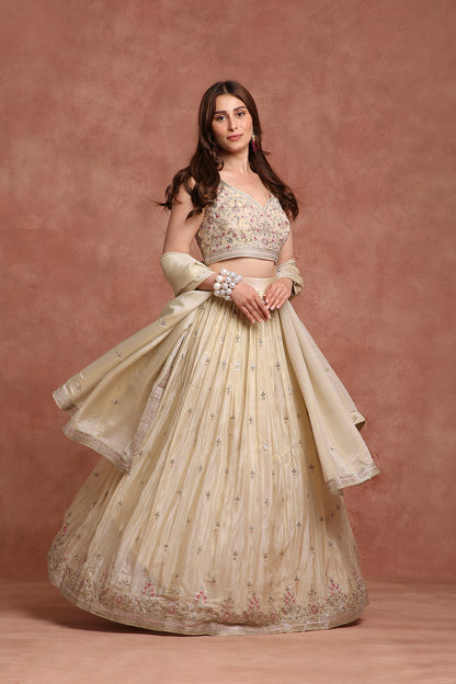 Ethereal Beige Embroidered Lehenga Set with Bralette Blouse & Longline Jacket