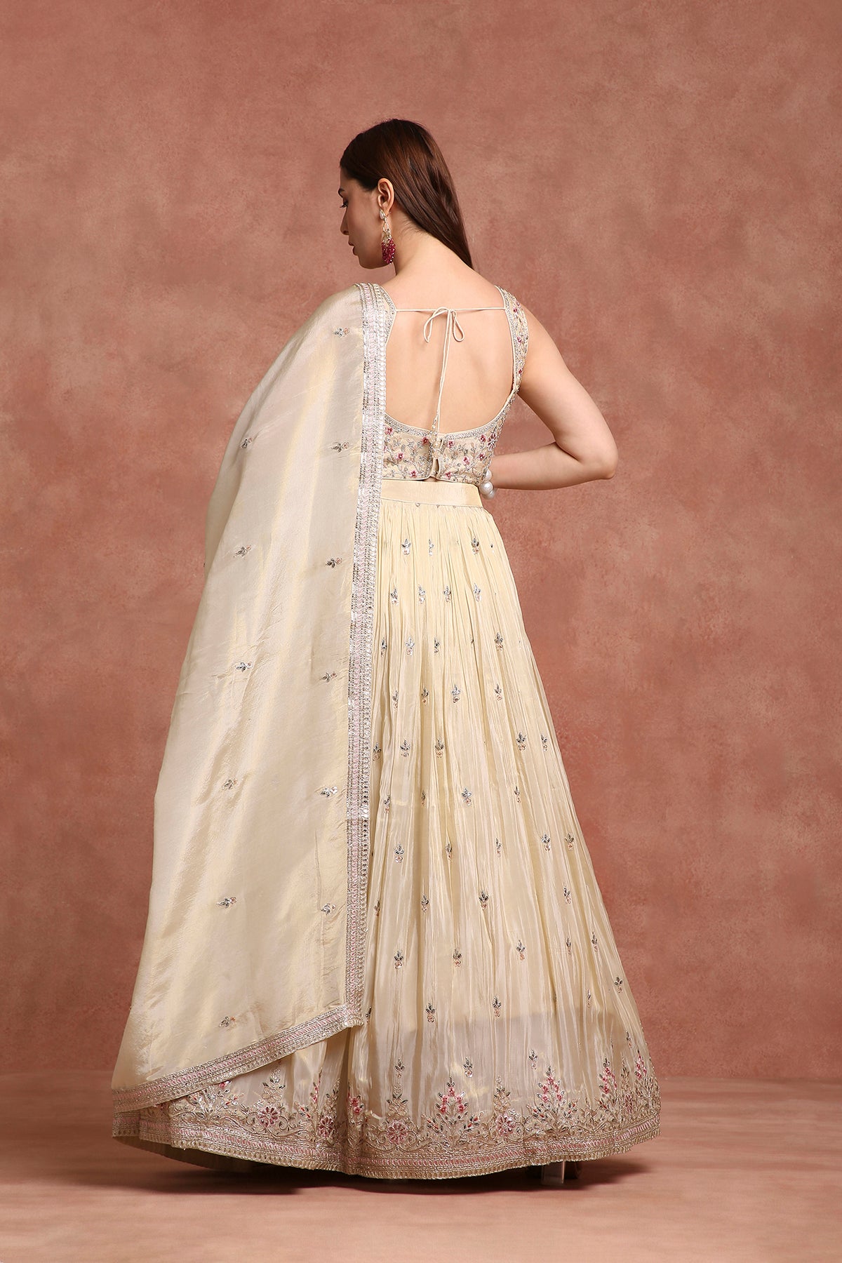 Ethereal Beige Embroidered Lehenga Set with Bralette Blouse & Longline Jacket