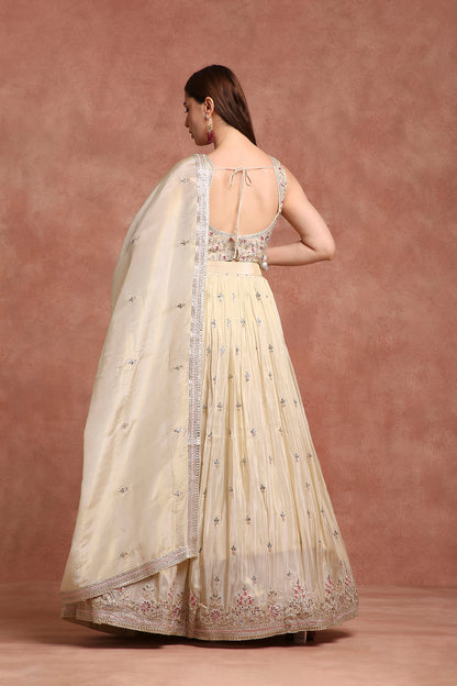 Ethereal Beige Embroidered Lehenga Set with Bralette Blouse & Longline Jacket