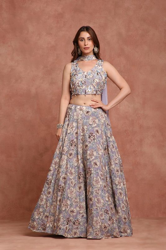 Lilac Grey Embroidered Lehenga Set for Sangeet, Cocktail & Wedding Reception