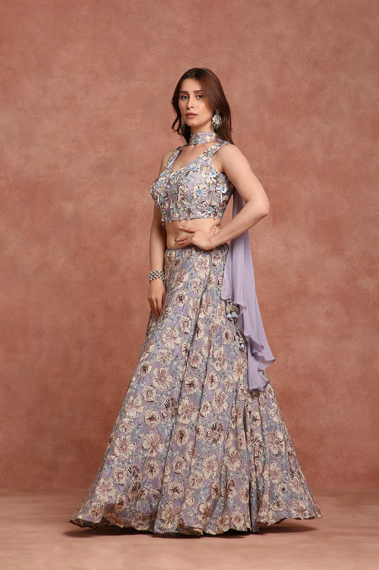 Lilac Grey Embroidered Lehenga Set for Sangeet, Cocktail & Wedding Reception