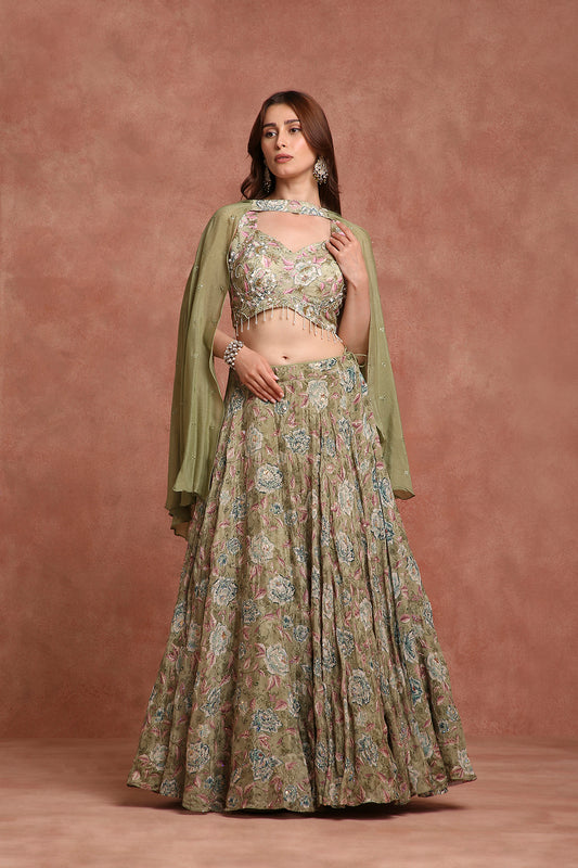 Olive Green Floral Lehenga Set for Mehendi, Sangeet & Cultural Celebrations