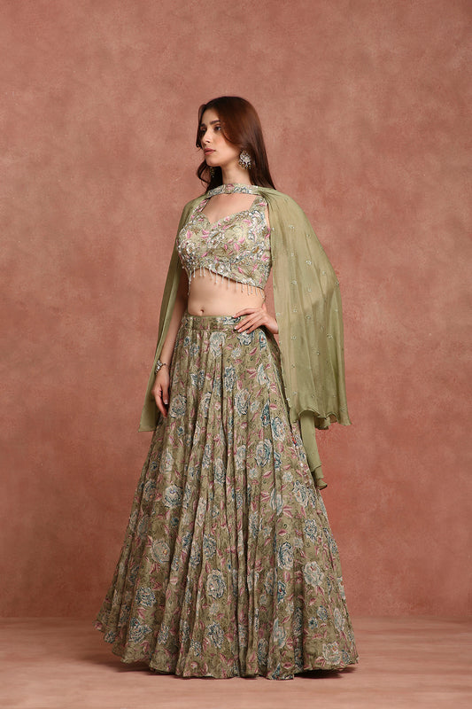 Olive Green Floral Lehenga Set for Mehendi, Sangeet & Cultural Celebrations