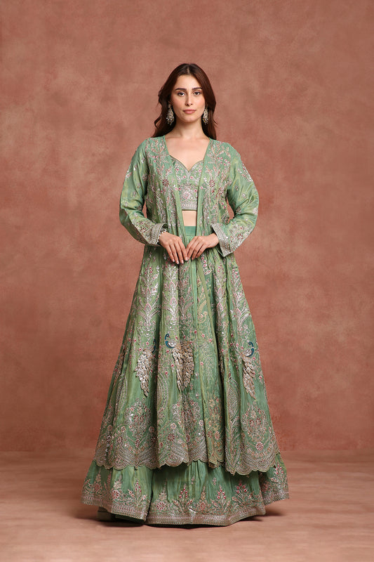 Royal Mint Green Embroidered Jacket Lehenga for Engagement & Wedding Functions