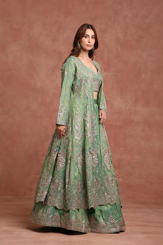 Royal Mint Green Embroidered Jacket Lehenga for Engagement & Wedding Functions