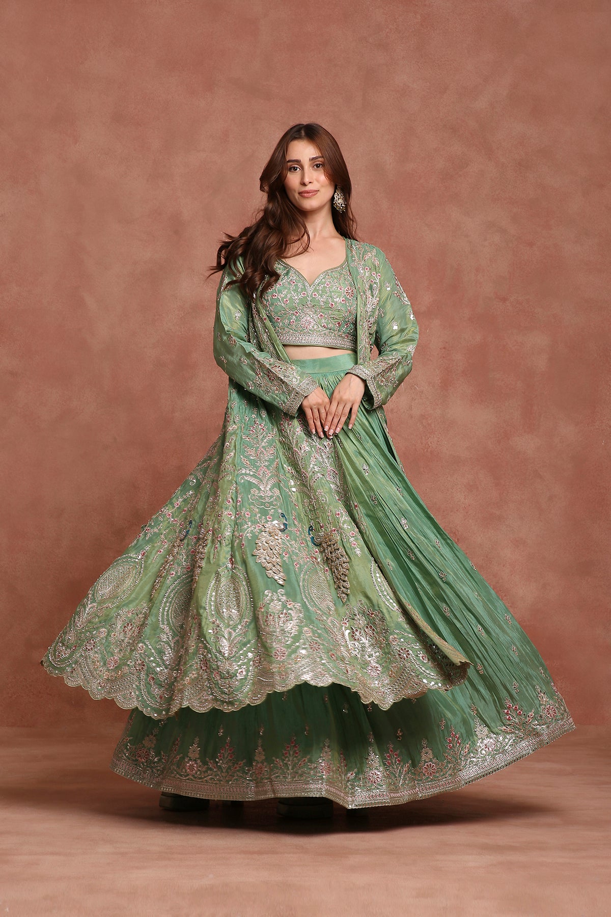 Royal Mint Green Embroidered Jacket Lehenga