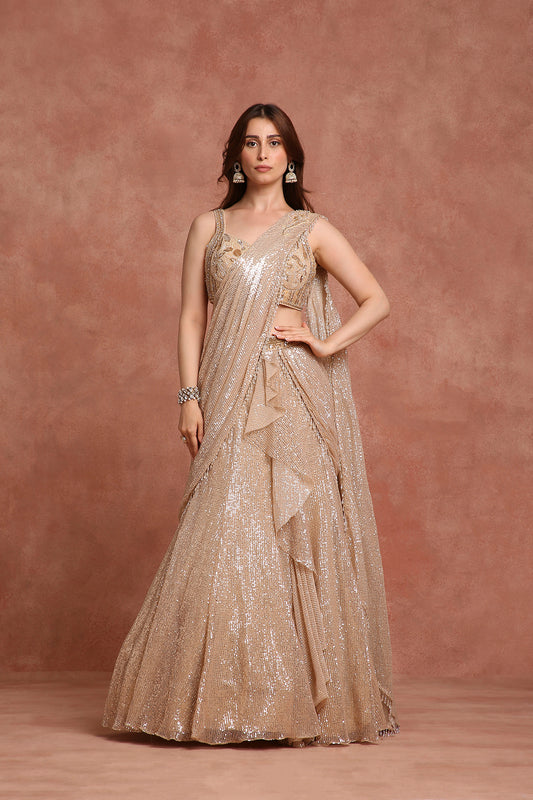 Champagne Gold Sequin Drape Lehenga Gown – Pre-Draped Saree Style for Receptions & Cocktail Nights