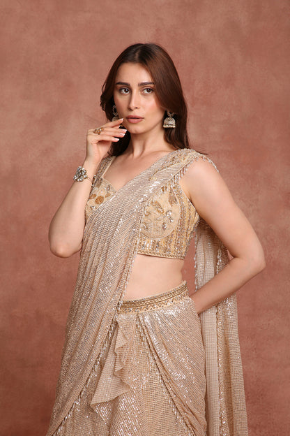 Champagne Gold Sequin Drape Lehenga Gown – Pre-Draped Saree Style for Receptions & Cocktail Nights