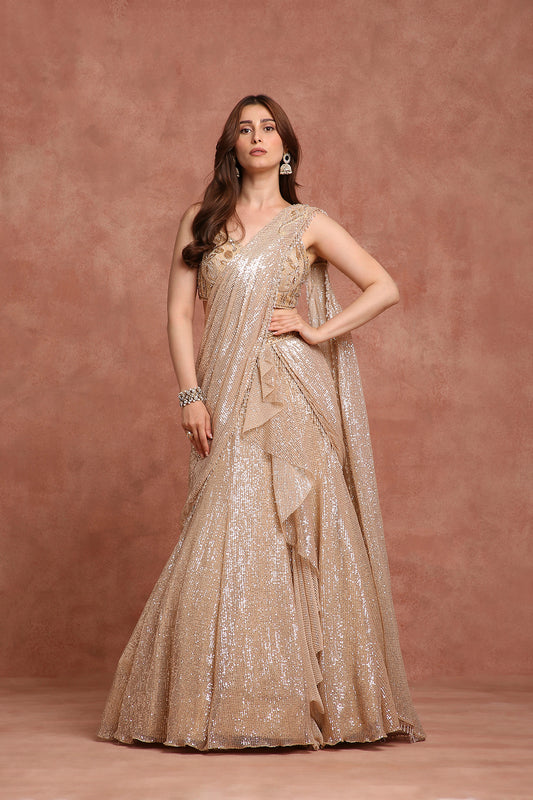 Champagne Gold Sequin Drape Lehenga Gown – Pre-Draped Saree Style for Receptions & Cocktail Nights