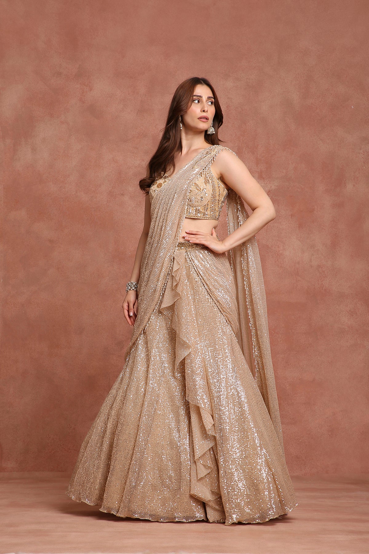 Champagne Gold Sequin Drape Lehenga Gown – Pre-Draped Saree Style for Receptions & Cocktail Nights