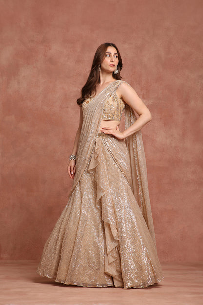 Champagne Gold Sequin Drape Lehenga Gown – Pre-Draped Saree Style for Receptions & Cocktail Nights