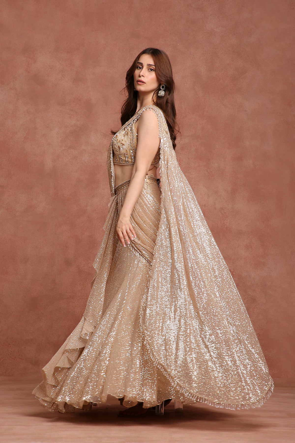Champagne Gold Sequin Drape Lehenga Gown – Pre-Draped Saree Style for Receptions & Cocktail Nights