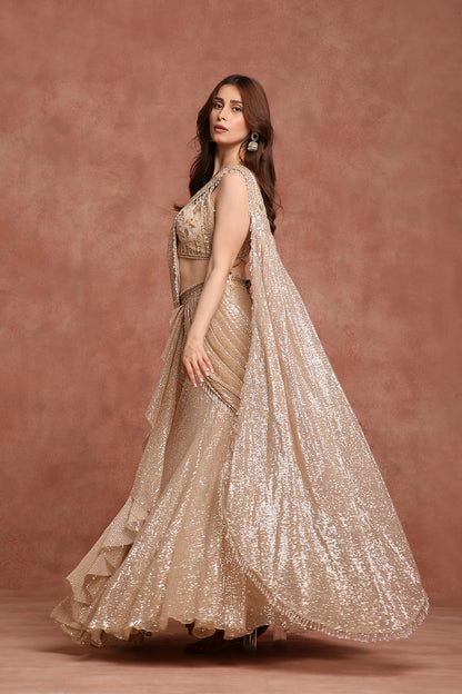 Champagne Gold Sequin Drape Lehenga Gown – Pre-Draped Saree Style for Receptions & Cocktail Nights