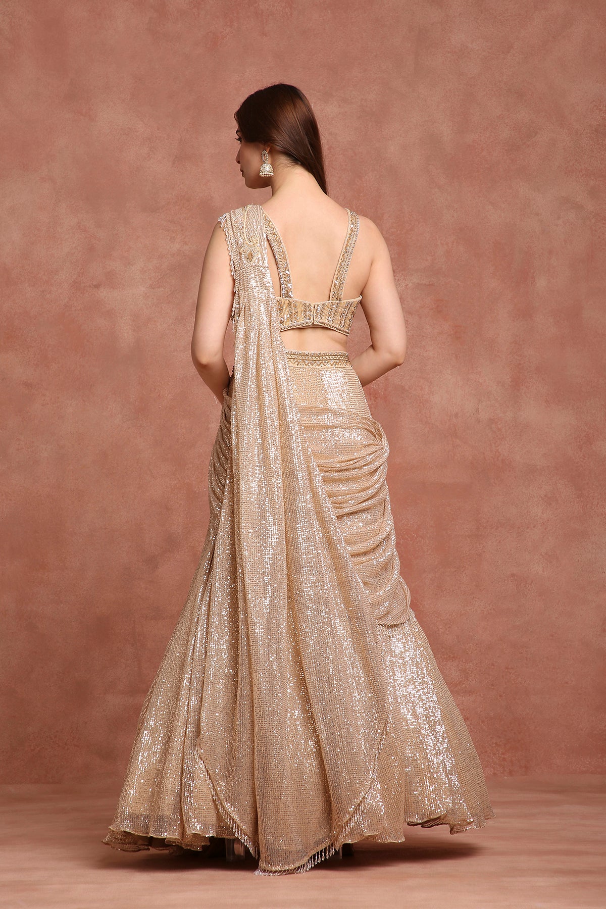 Champagne Gold Sequin Drape Lehenga Gown – Pre-Draped Saree Style for Receptions & Cocktail Nights