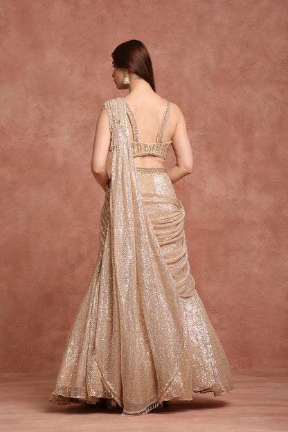 Champagne Gold Sequin Drape Lehenga Gown – Pre-Draped Saree Style for Receptions & Cocktail Nights