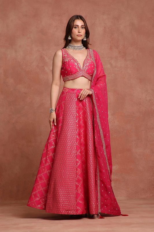 Embroidered pink silk blend lehenga choli with dupatta