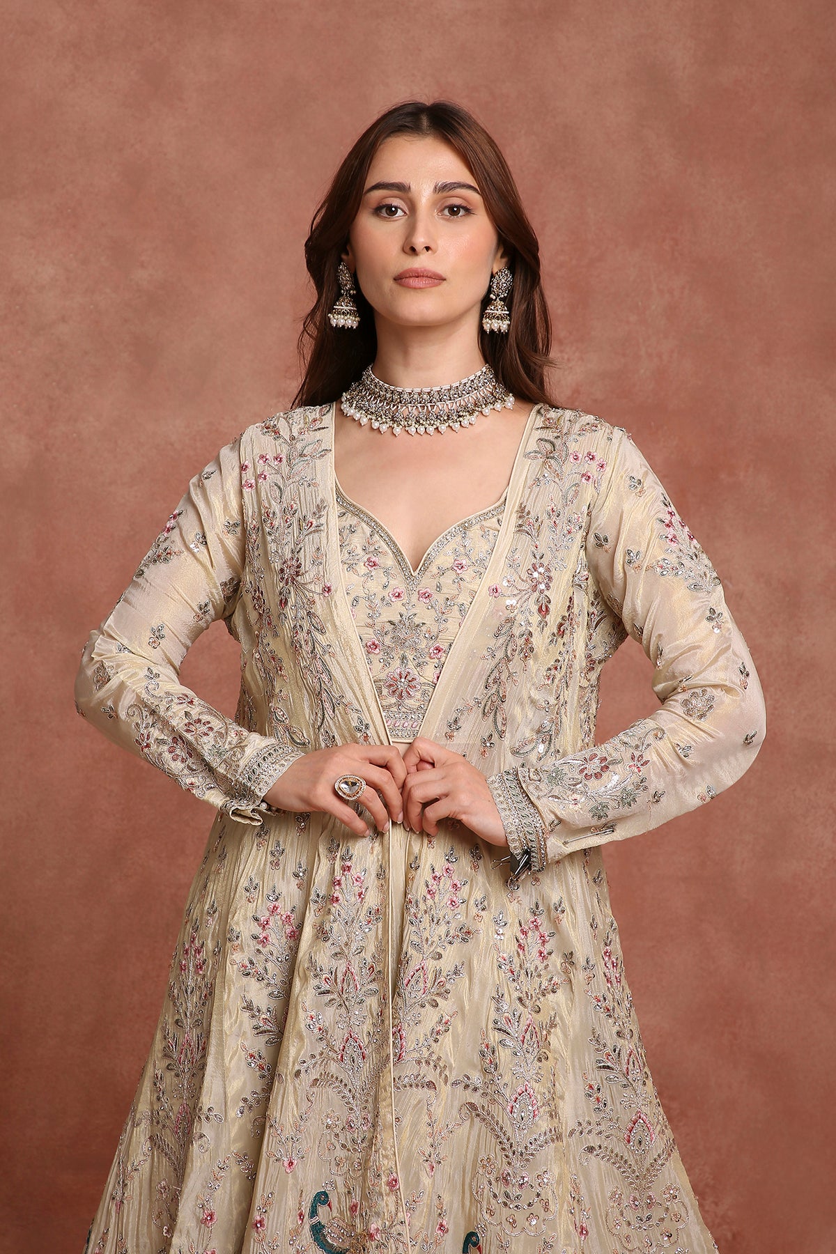 Ethereal Beige Embroidered Lehenga Set with Bralette Blouse & Longline Jacket