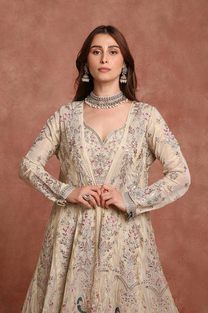 Ethereal Beige Embroidered Lehenga Set with Bralette Blouse & Longline Jacket