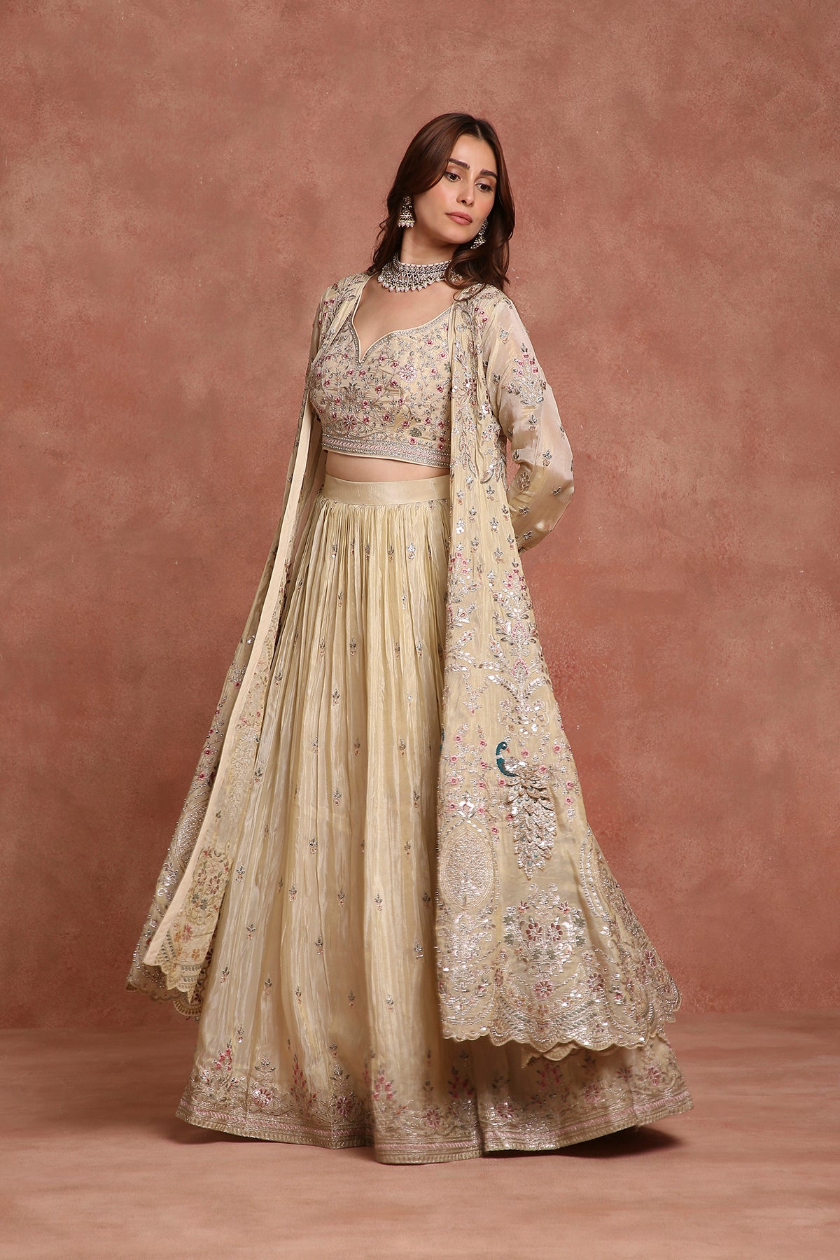Ethereal Beige Embroidered Lehenga Set with Bralette Blouse & Longline Jacket