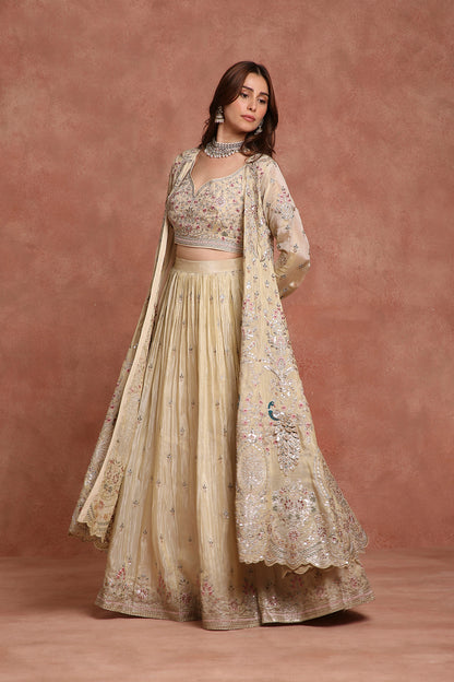 Ethereal Beige Embroidered Lehenga Set with Bralette Blouse & Longline Jacket