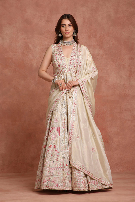Luxury Ivory Blush Pink Embroidered Gown for Wedding & Traditional Celebrations