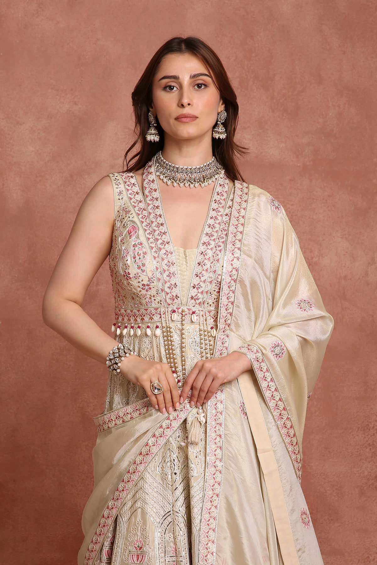 Luxury Ivory Blush Pink Embroidered Gown for Wedding & Traditional Celebrations