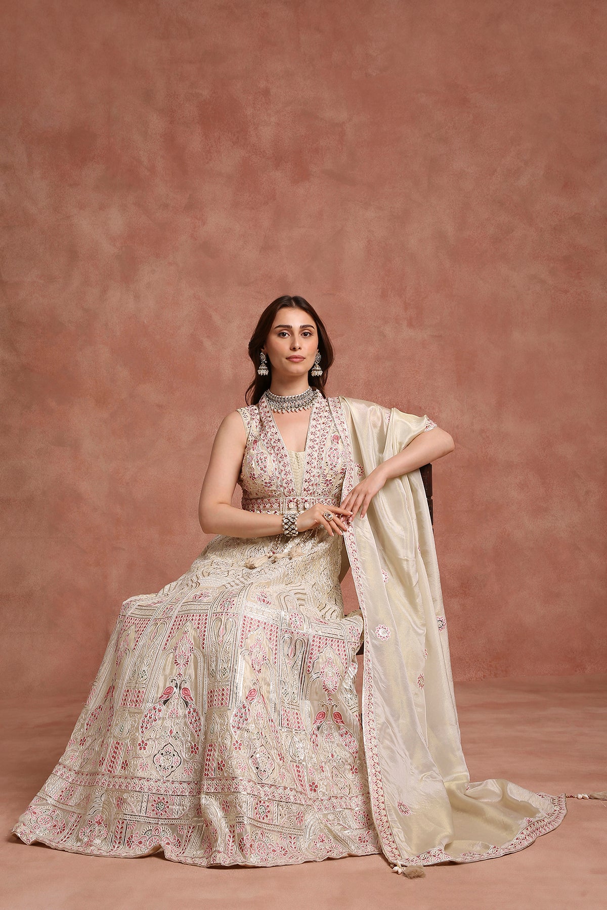 Luxury Ivory Blush Pink Embroidered Gown for Wedding & Traditional Celebrations