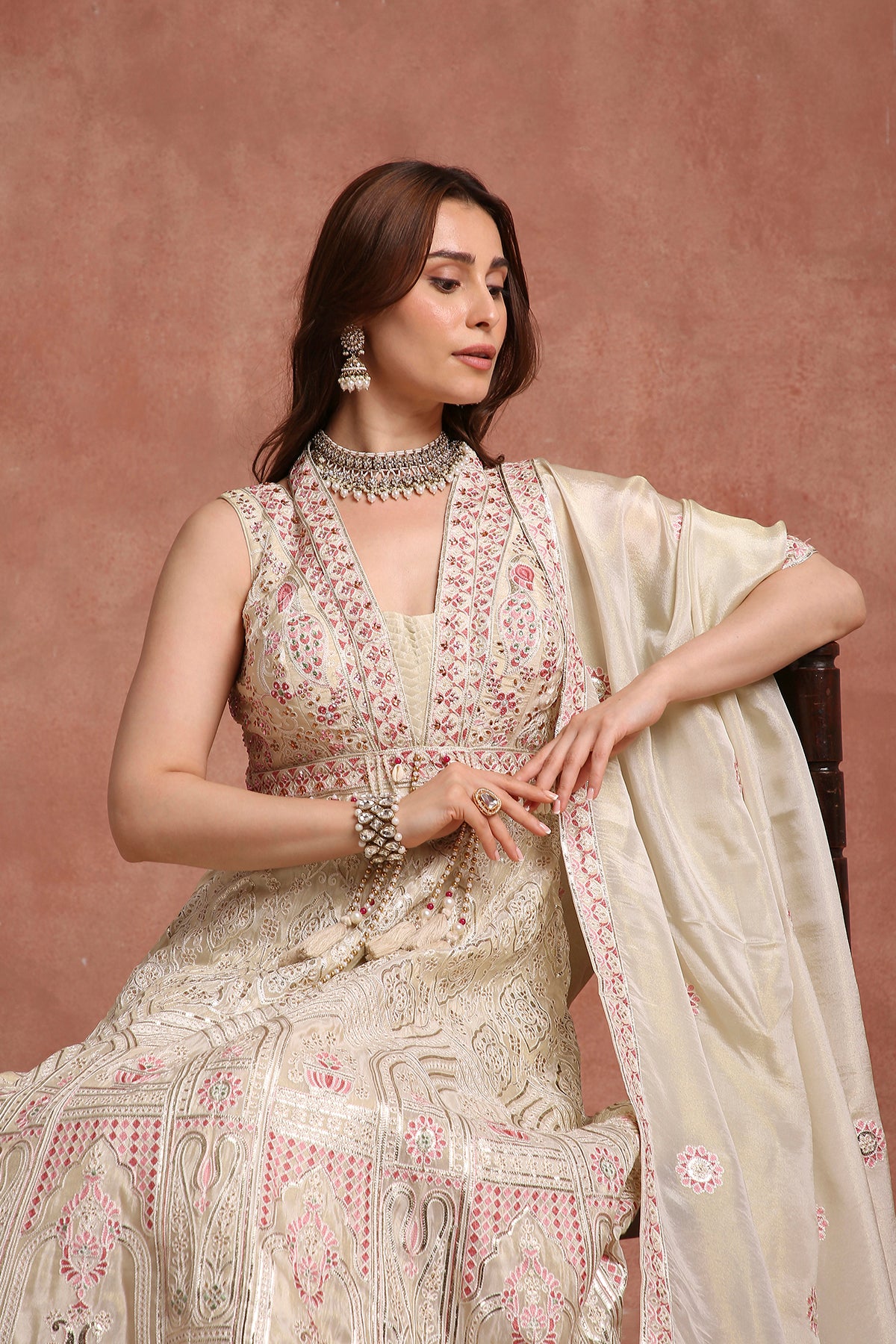 Luxury Ivory Blush Pink Embroidered Gown for Wedding & Traditional Celebrations