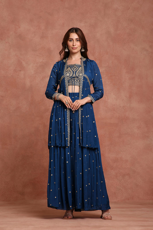 Blue Embellished Indo‑Western Outfit with Sharara for Festive & Wedding Functions