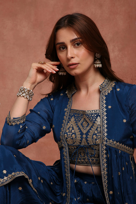 Blue Embellished Indo‑Western Outfit with Sharara for Festive & Wedding Functions