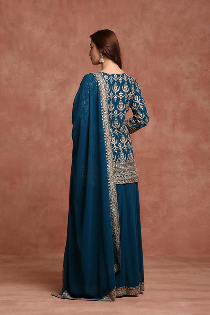 Teal Blue Embroidered Sharara Suit Set