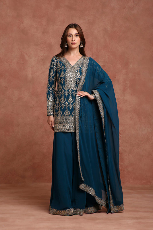 Teal Blue Embroidered Sharara Suit Set for Wedding, Festive & Evening Functions