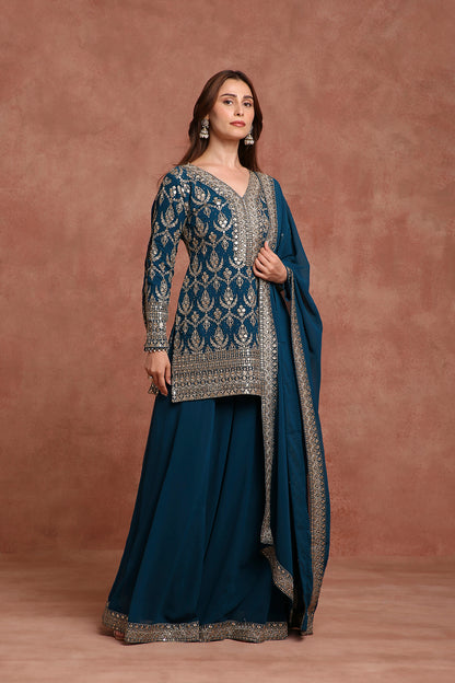 Teal Blue Embroidered Sharara Suit Set